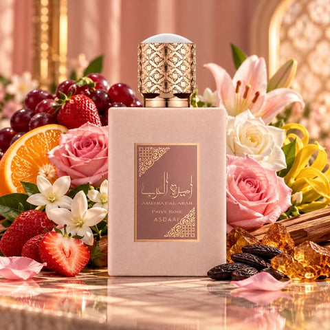 Ameerat Al Arab Prive Rose Eau De Parfum spray by Lattafa, 100ml, with elegant packaging and velvet pouch.