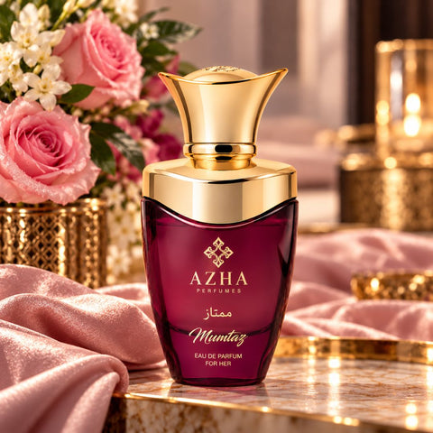 AZHA Mumtaz Eau de Parfum Spray 100ml bottle with elegant packaging and floral design, showcasing the fragrance's luxurious presentation.