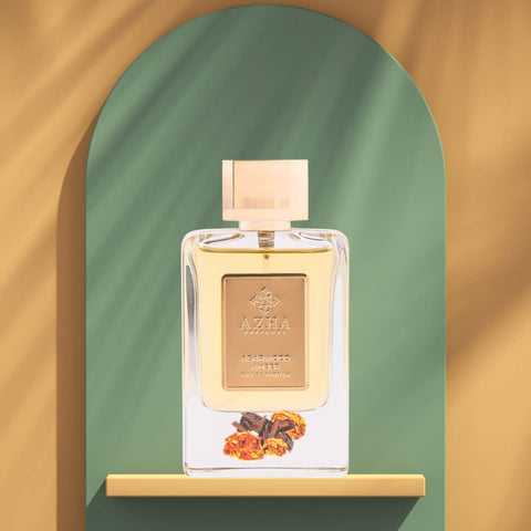 Azzha Agarwood Amber Eau de Parfum spray bottle, 100ml, with elegant packaging and a luxurious amber and agarwood scent.