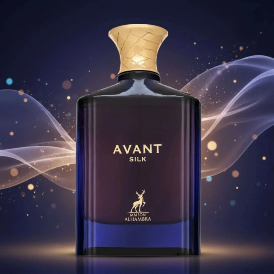 Maison Alhambra Avant Silk Eau de Parfum spray bottle, 100ml, with elegant packaging and a sleek design.