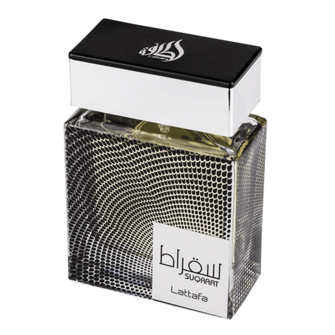 Lattafa Suqraat Eau de Parfum spray in a velvet pouch, 100ml bottle with elegant design and floral fragrance details.
