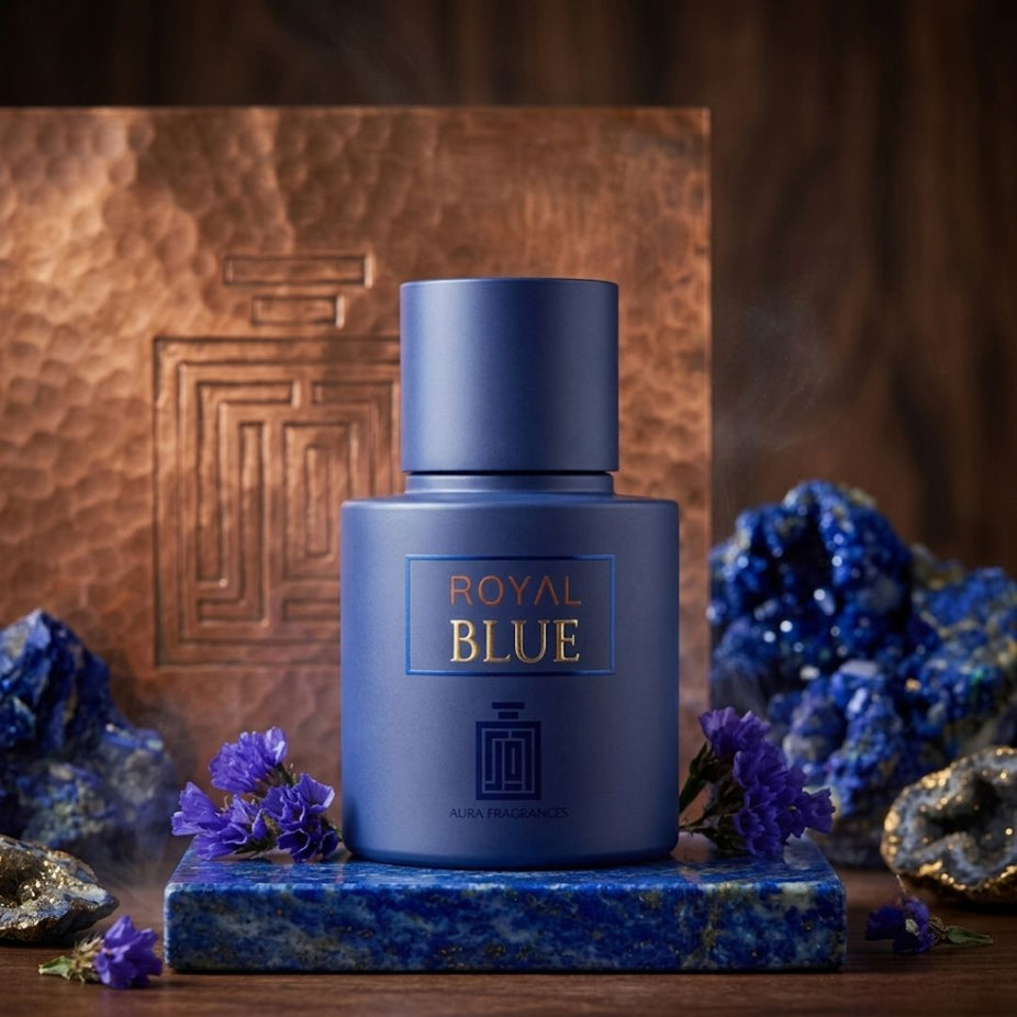 Aura by Aura Royal Blue Eau de Parfum Spray 100ml bottle with sleek packaging and blue accents, showcasing the fragrance's elegant design.