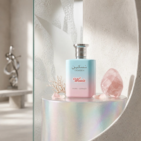 Taskeen Wowie Eau de Parfum spray by Paris Corner, 100ml bottle, with elegant packaging and floral scent details.