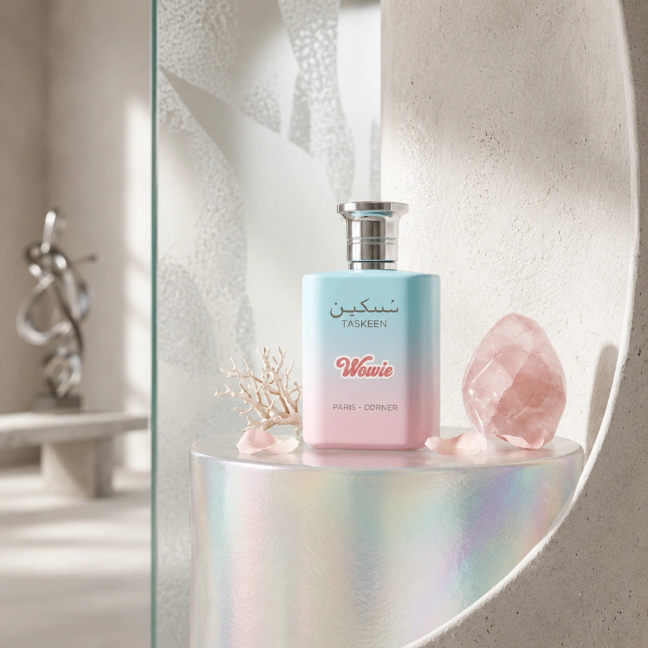 Taskeen Wowie Eau de Parfum spray by Paris Corner, 100ml bottle, with elegant packaging and floral scent details.