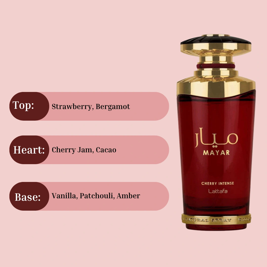 Bundle of Mayar Cherry Intense Eau de Parfum and Cherry Gossip Eau de Parfum by Lattafa and Paris Corner, 100ml each, with perfume bottles.
