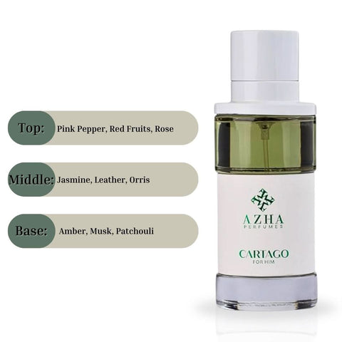 Cartago For Him Eau De Parfum by AZHA, 100ML bottle, featuring exotic fragrance with elegant packaging and a sleek design.