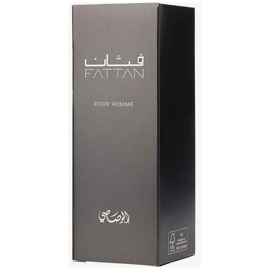 Rasasi Fattan for Men Eau de Parfum spray 50ml bottle, elegant design, showcasing the men's fragrance product.