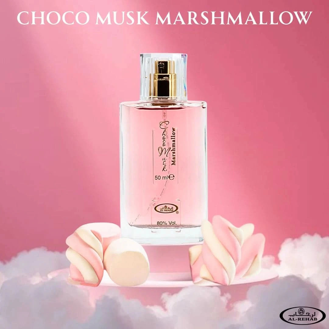 Al Rehab Choco Musk Marshmallow and Pistachio Eau de Parfum bundle with two 50ml spray bottles featuring elegant packaging.
