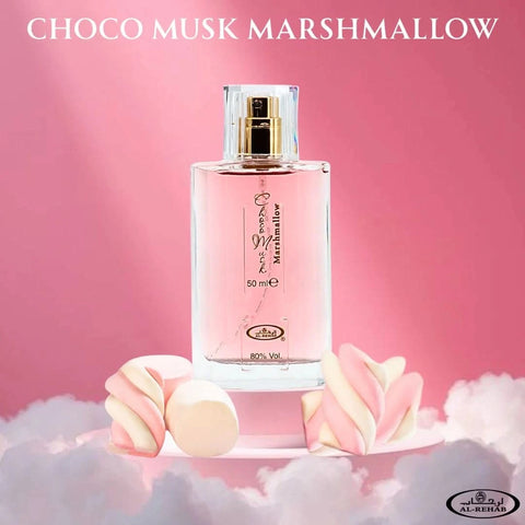 Al Rehab Choco Musk Marshmallow and Pistachio Eau de Parfum bundle with two 50ml spray bottles featuring elegant packaging.