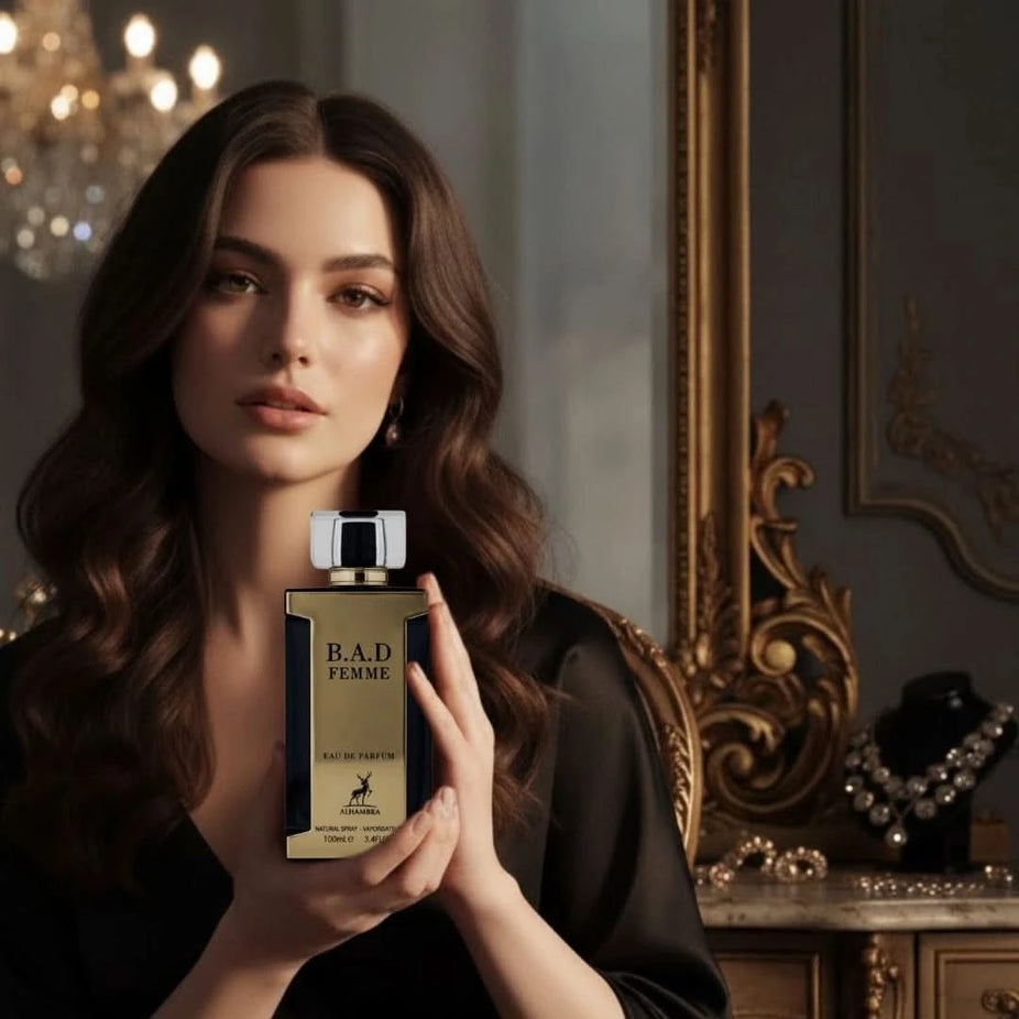 Maison Alhambra B.A.D. Femme Eau de Parfum spray bottle, 100ml, with elegant packaging and floral design.