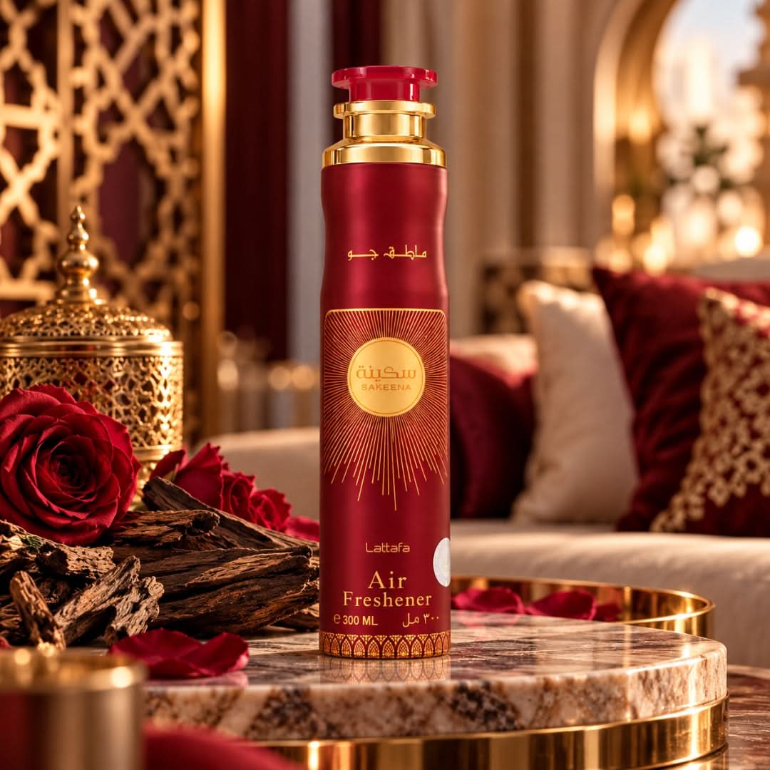 Lattafa Sakeena Air Freshener 300ml bottle with a sleek design, freshening the air with a floral and citrus scent.