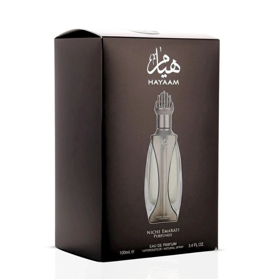 Lattafa Niche Emarati Hayaam Eau de Parfum spray 100ml, elegant glass bottle with gold accents and floral design.