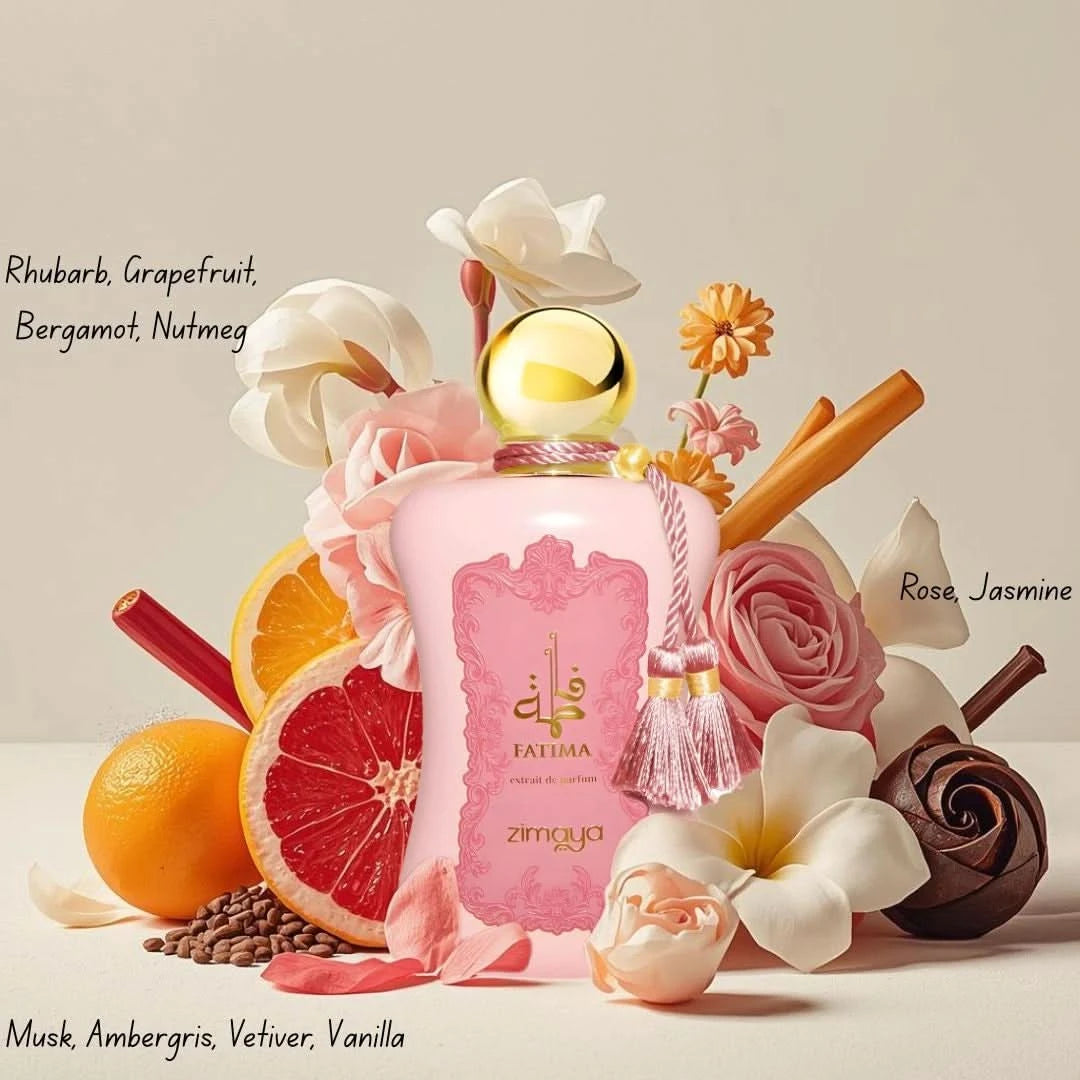 Zimaya Only You Eau de Parfum and Fatima Pink Extrait De Parfum spray bundle, 100ml each, featuring elegant perfume bottles.