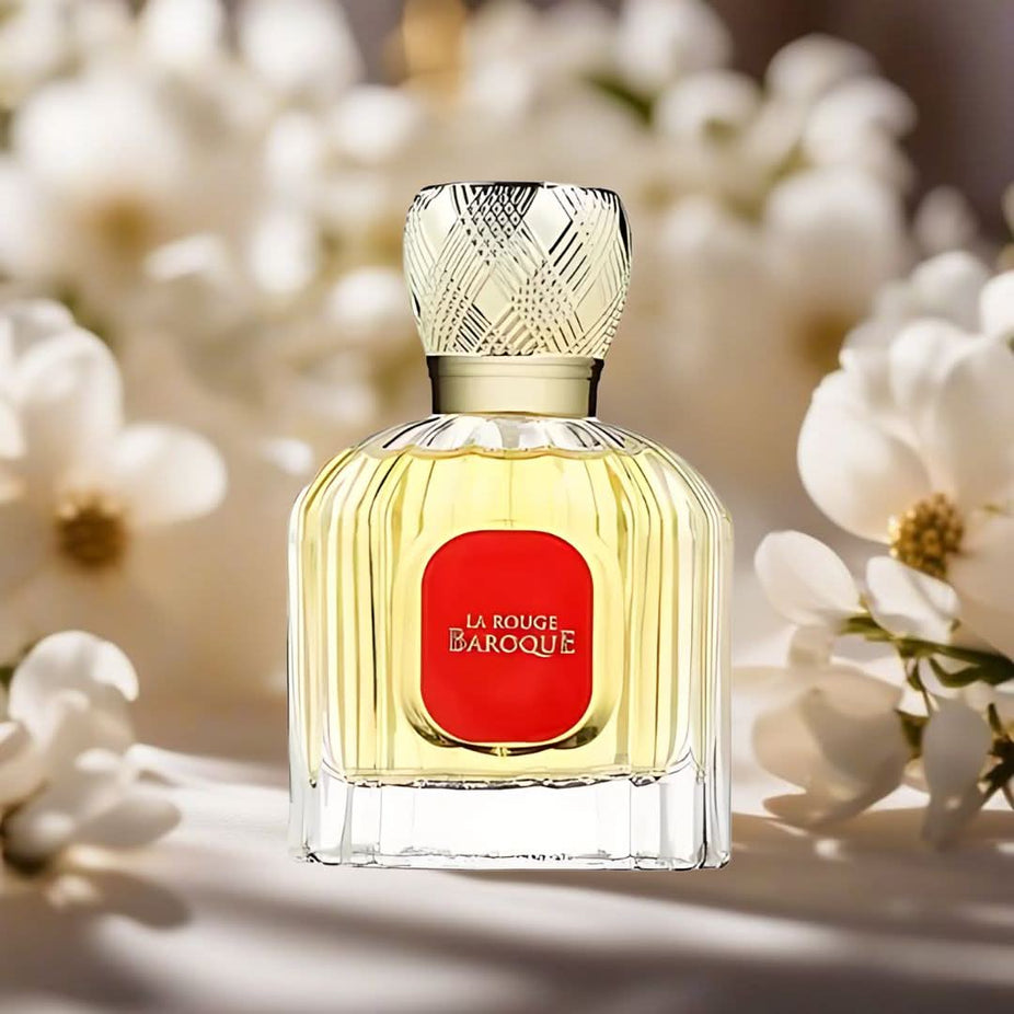 Maison Alhambra La Rouge Baroque Eau de Parfum spray 100ml bottle with elegant design and floral accents.