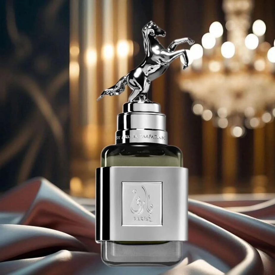 Ard Al Zaafaran Bareq Eau de Parfum spray bottle, 100ml, with elegant packaging and floral and woody fragrance notes.