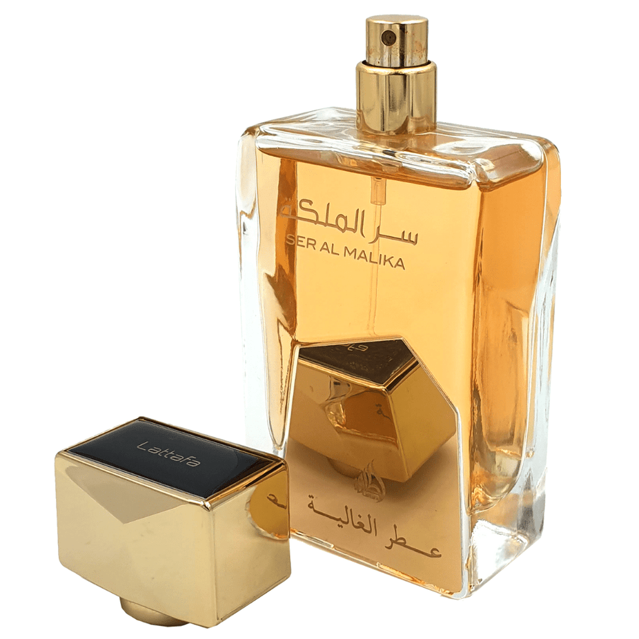 Lattafa Ser Al Malika Attar Al Ghalia EDP 100ML bottle, elegant glass perfume container with floral and oriental fragrance notes