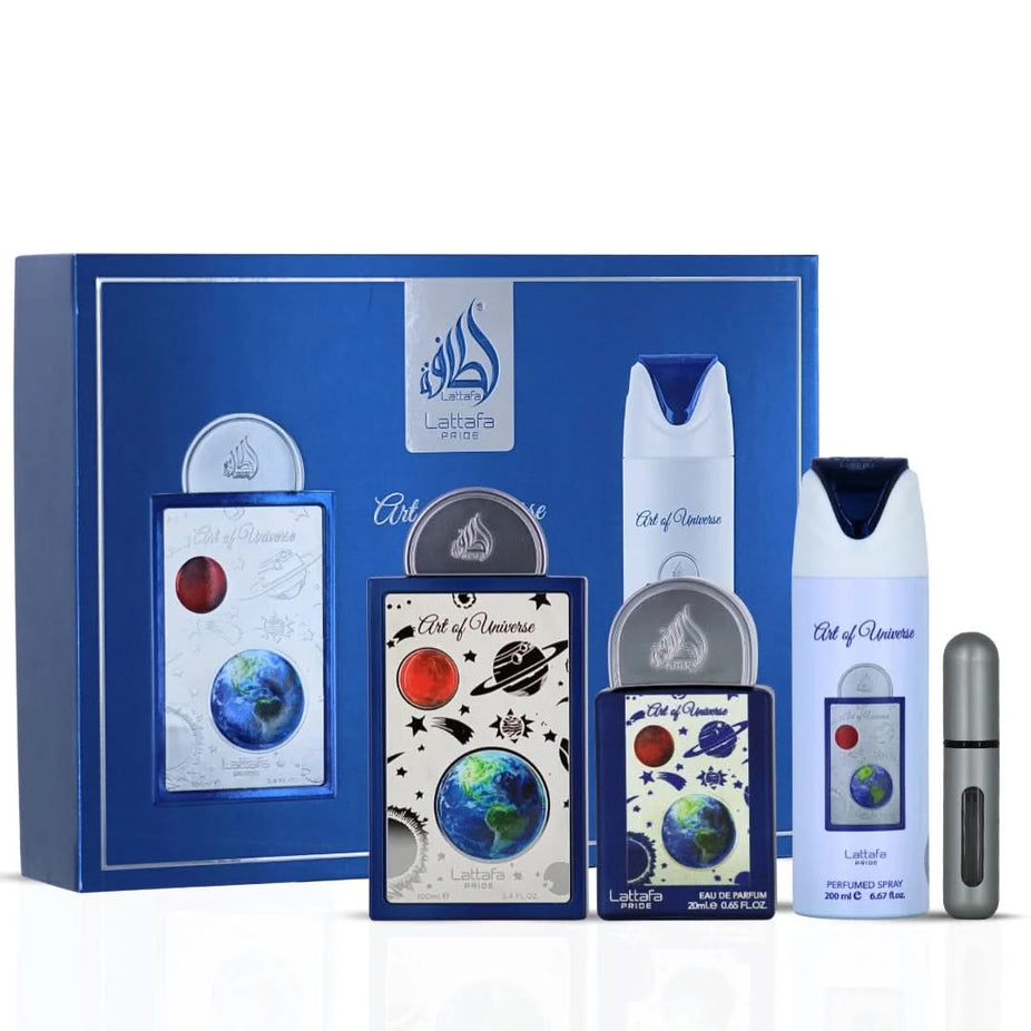 Lattafa Pride Art of Universe 3-piece perfume gift set with elegant bottles and packaging, perfect for gifting or personal use.