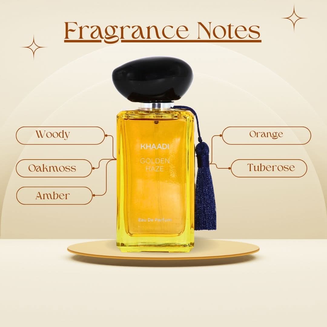 Golden Haze Eau de Parfum spray by Khaadi featuring a sleek 100ml bottle with a golden and clear glass design.