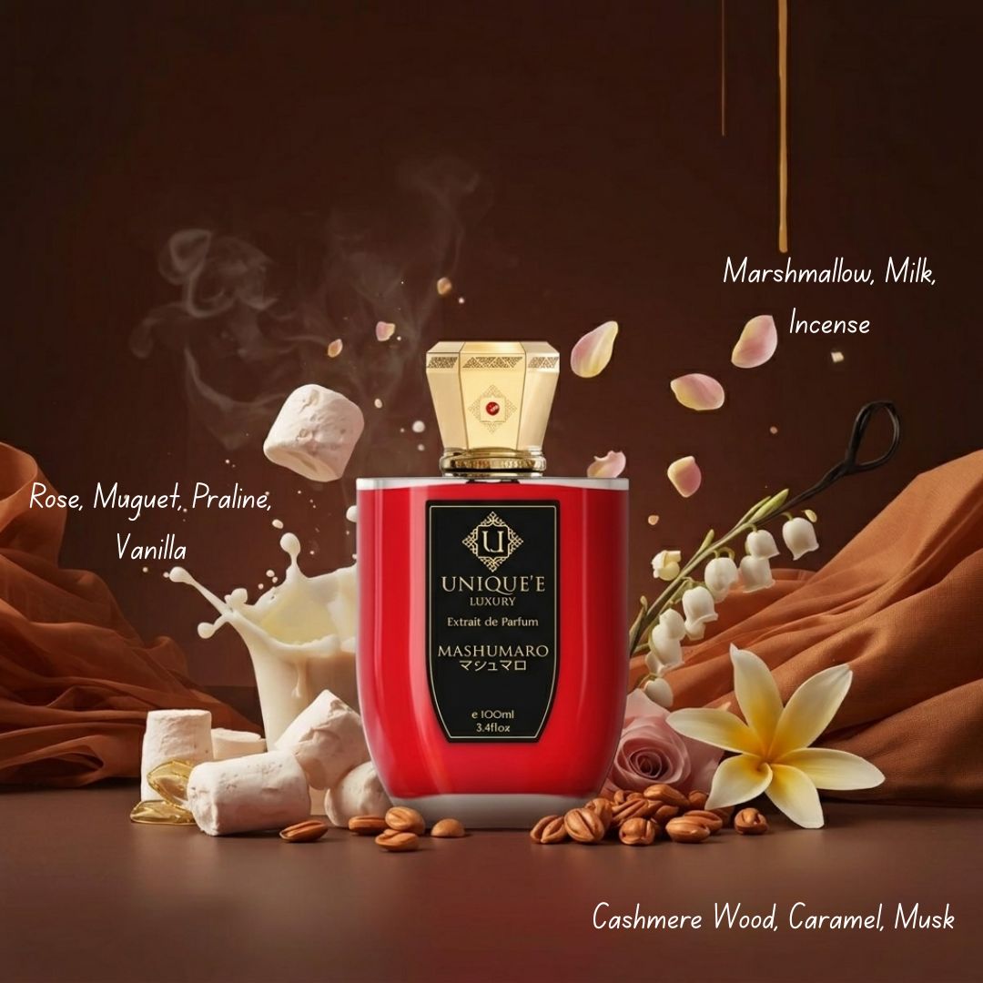 Unique'e Luxury Mashumaro Extrait de Parfum 100ml EDP bottle with elegant design and fragrance details visible.
