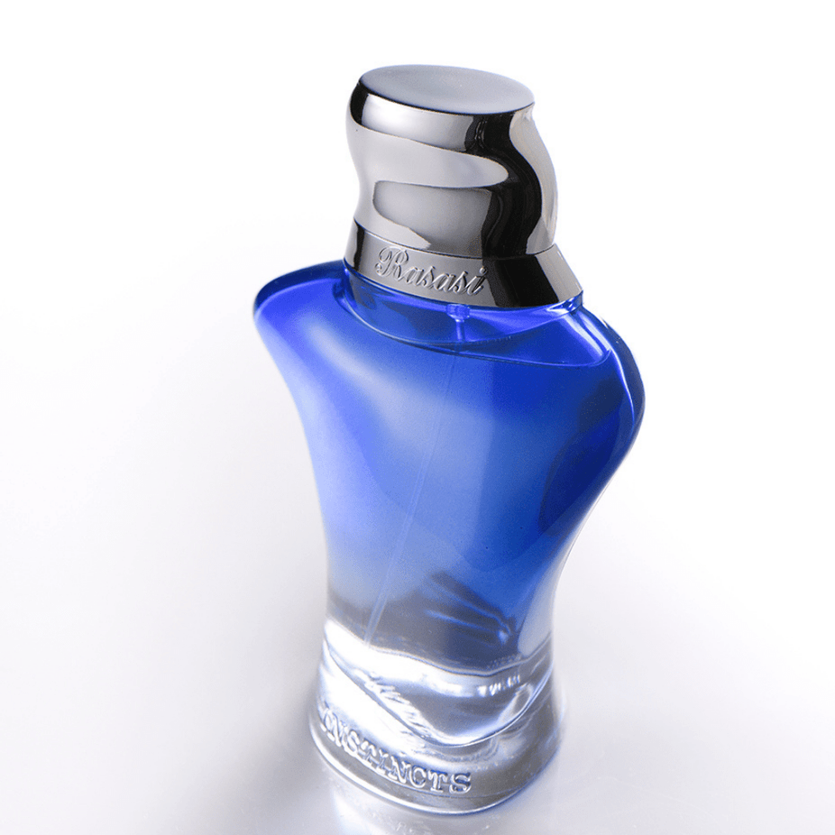 Rasasi Instincts for Men Eau De Parfum bottle, 90 ML (3 oz), sleek glass design with dark fragrance liquid inside.