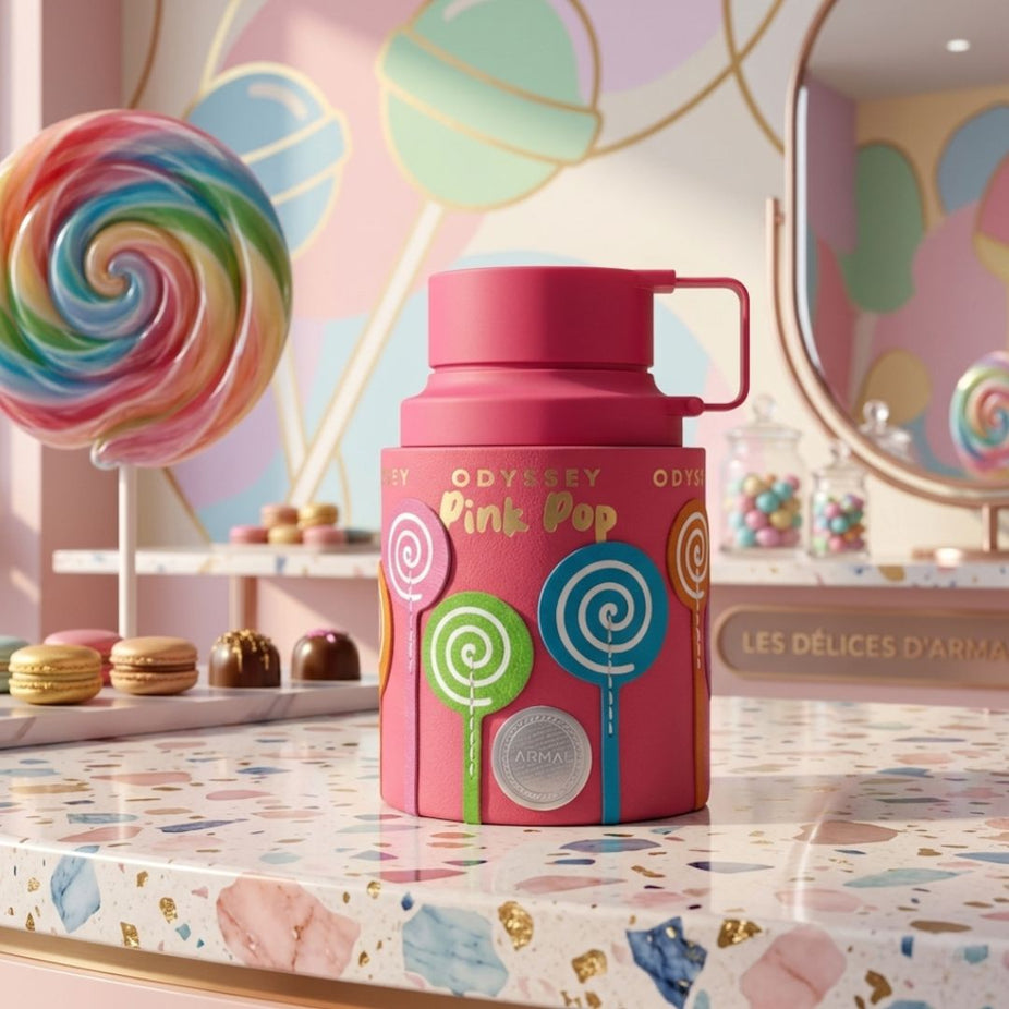 Odyssey Pink Pop Eau de Parfum spray by Armaf, 100ml, with a pink floral perfume bottle and elegant design.
