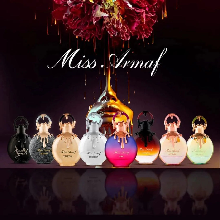 Armaf Miss Armaf Parfum Discovery Set with eight 5ml Eau de Parfum bottles in a gift box display.