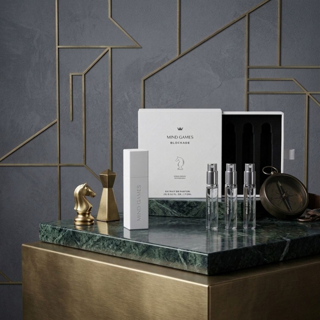 Mind Games Blockade Travel Trio includes three 7.5ml bottles of collection perfume in a compact, portable set.