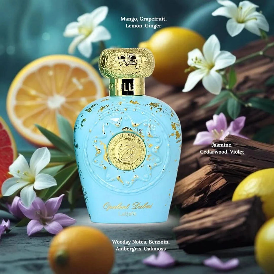 Opulent Dubai Eau de Parfum Spray by Lattafa, 100ml bottle, elegant design, showcasing the fragrance container with intricate details.