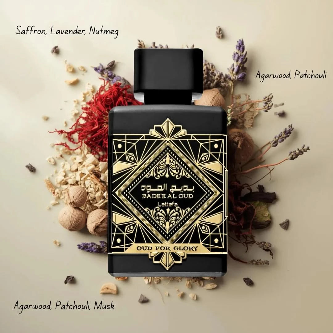 Lattafa Bade'e Al Oud & Ameer Al Oudh intense oud perfume bundle with two 100ml spray bottles, featuring luxurious fragrance bottles.