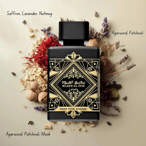 Lattafa Bade'e Al Oud & Ameer Al Oudh intense oud perfume bundle with two 100ml spray bottles, featuring luxurious fragrance bottles.
