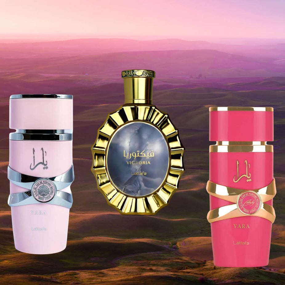 Lattafa Yara, Yara Candy & Victoria Eau de Parfum sprays in 100ml bottles, displayed together in a bundle.