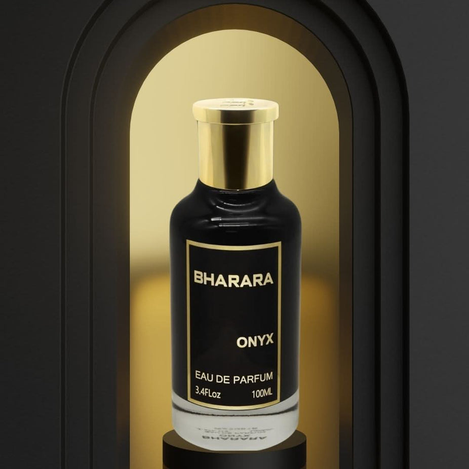 Bharara Onyx Eau de Parfum spray bottle, 100ml, with sleek black packaging and elegant design.