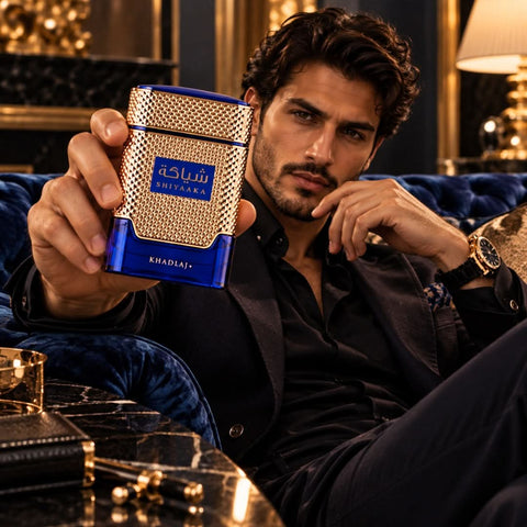 Shiyaaka Blue Eau De Parfum Spray 100ml by Khadlaj in a blue fragrance bottle