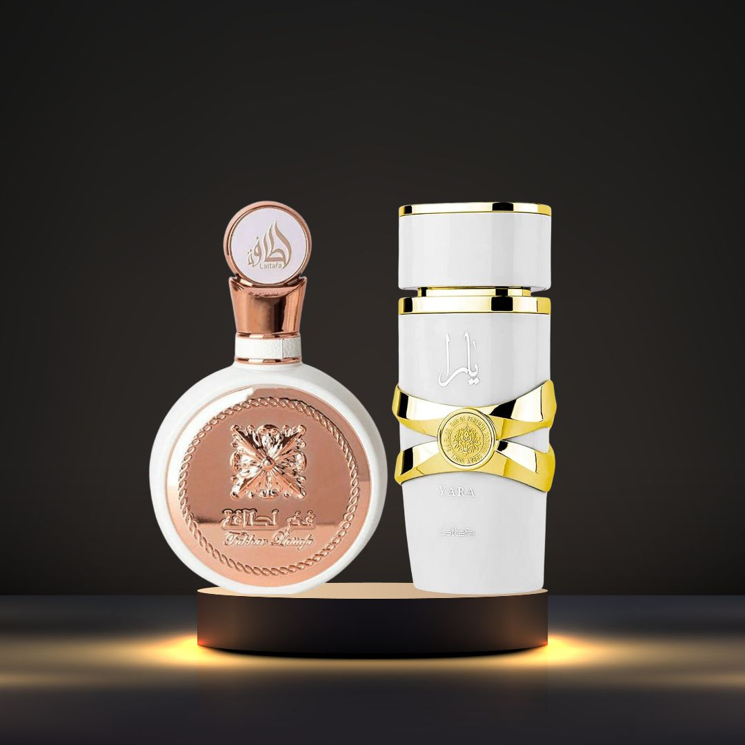 Yara Moi & Fakhar For Women EDP Sprays 100ML (3.4 OZ) By Lattafa | Two Fragrances To Match Every Mood. (GLAMOUR BUNDLE) - Intense Oud