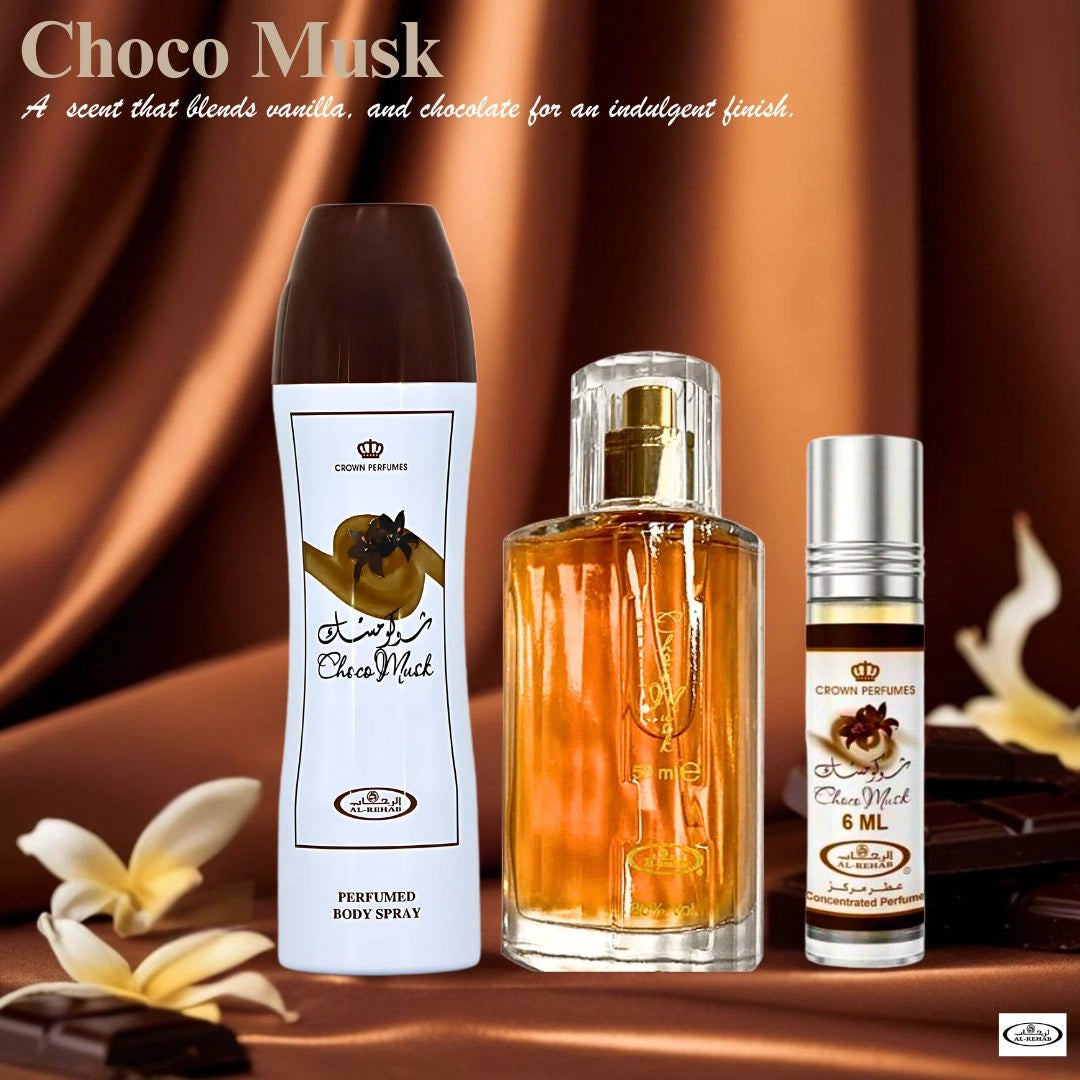 Choco Musk Perfumed Body Spray 200ml, Eau de Parfum Spray 50ml & Roll-On 6ml by Al Rehab | A Decadent Scent Bundle Featuring Vanilla & Chocolate for a Sweet Scent Experience (Bundle)