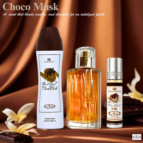 Choco Musk Perfumed Body Spray 200ml, Eau de Parfum Spray 50ml & Roll-On 6ml by Al Rehab | A Decadent Scent Bundle Featuring Vanilla & Chocolate for a Sweet Scent Experience (Bundle) - Intense Oud