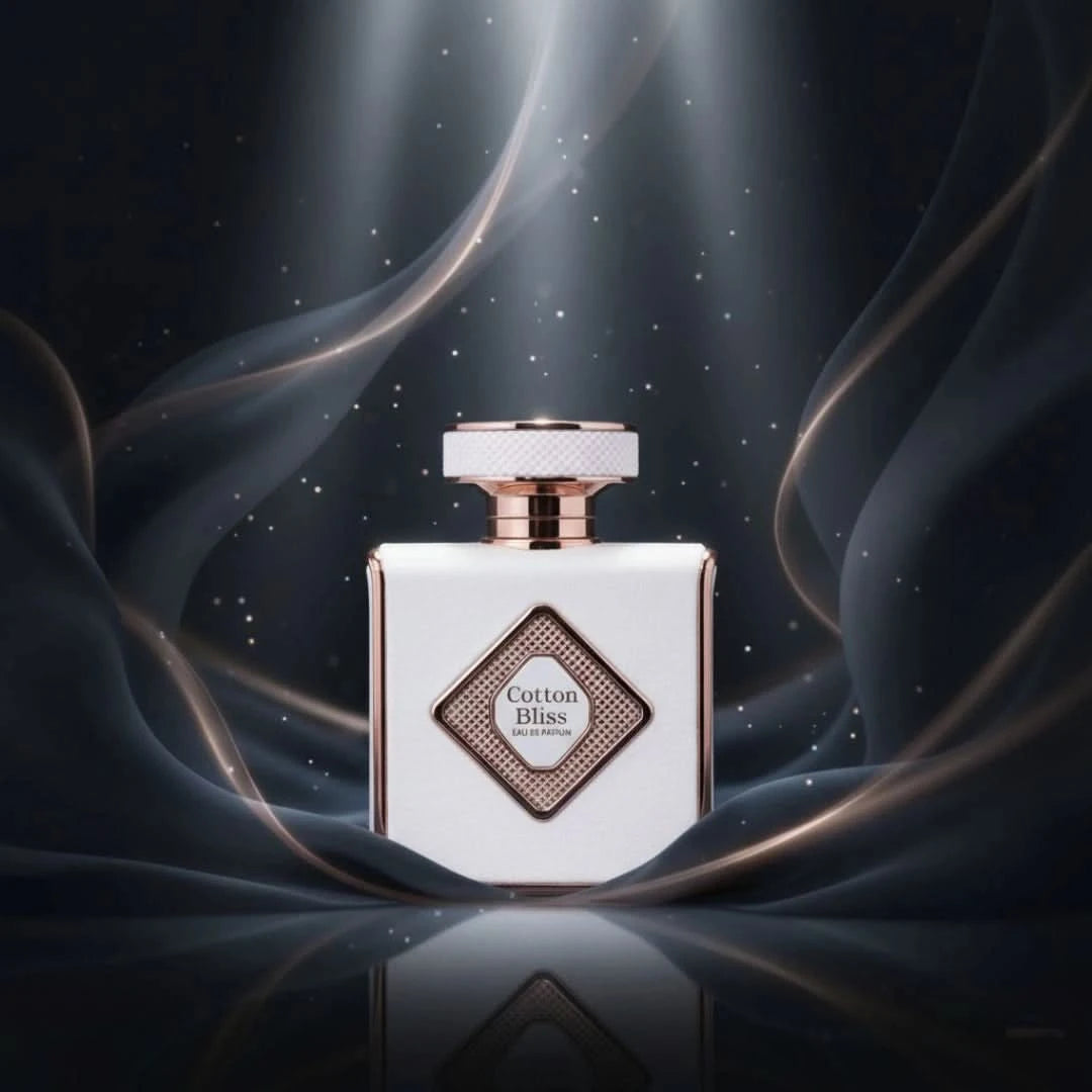 Elite Risala Cotton Bliss Eau de Parfum spray 100ml in a velvet pouch, featuring elegant glass bottle design and fragrance details.