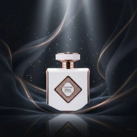 Elite Risala Cotton Bliss Eau de Parfum spray 100ml in a velvet pouch, featuring elegant glass bottle design and fragrance details.