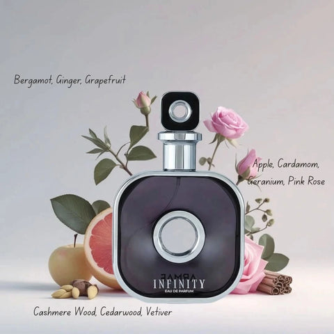 Bundle of Maison Alhambra Philos and Armaf Infinity Eau de Parfum sprays, 100ml and 105ml bottles, with elegant packaging.