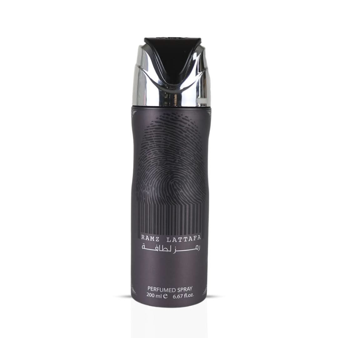 Lattafa Ramz Lattafa Silver deodorant spray bottle, 200ml, with silver and blue design, shown on a plain background.