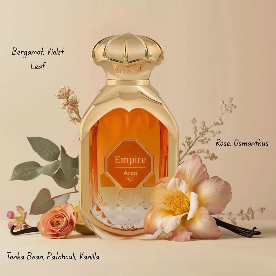 Elite Risala Empire Najm and Arza Eau de Parfum spray bundle, 100ml each, featuring elegant bottles and luxurious fragrance design.