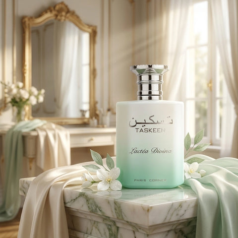 Taskeen Lactéa Divina Eau de Parfum spray by Paris Corner, 100ml bottle with elegant packaging, showcasing the perfume design.
