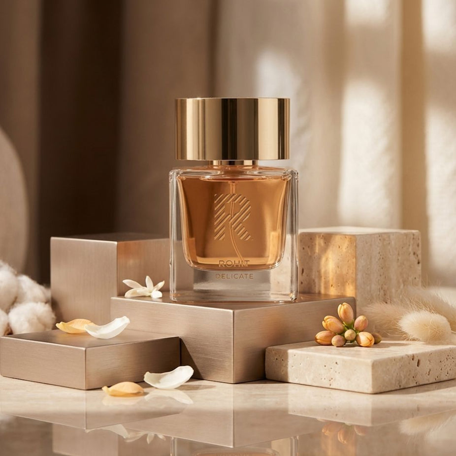 Rohit Delicate Eau de Parfum Spray by Bharara in 100ml bottle, featuring a sleek design and elegant fragrance packaging.