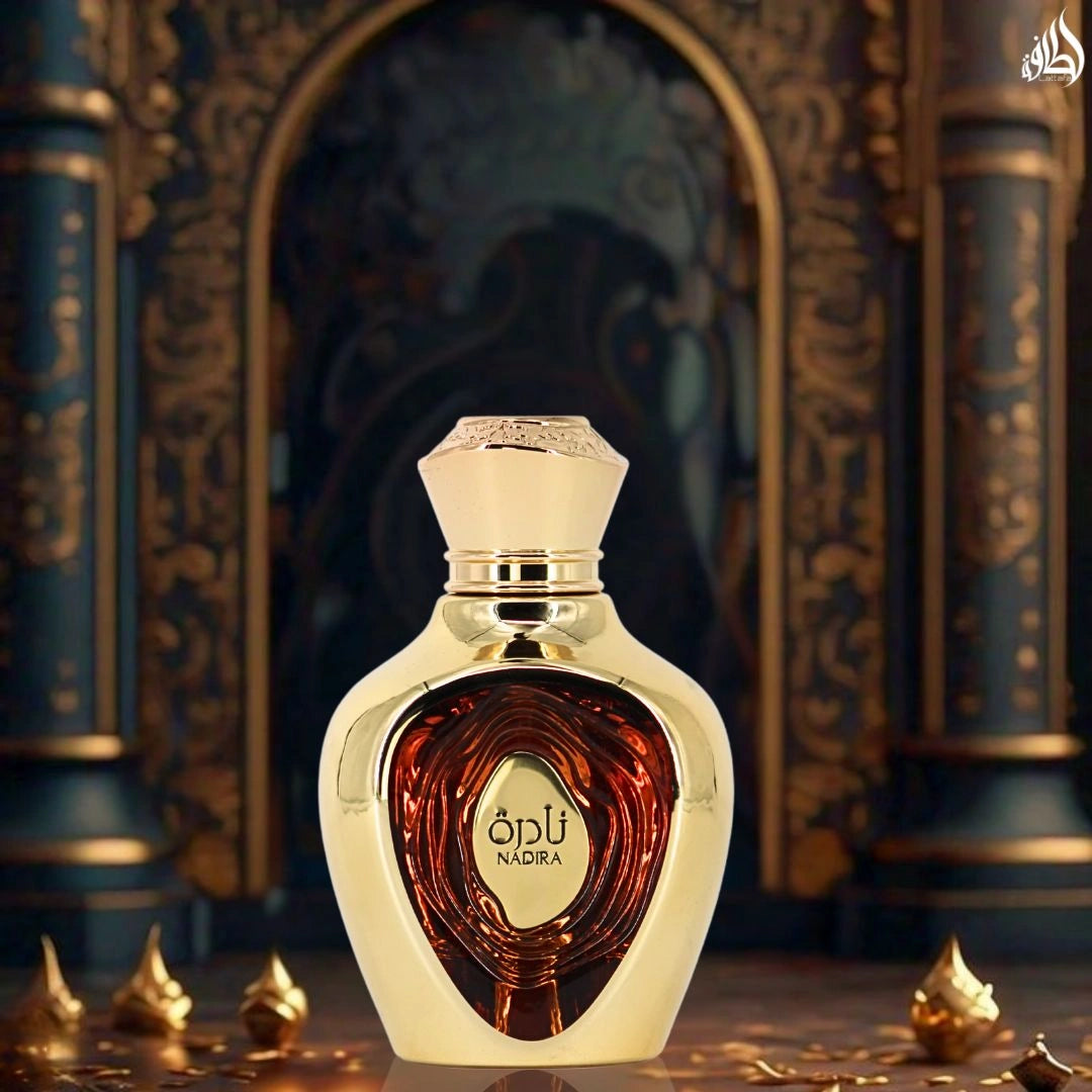 Niche Emarati Nadira Eau De Parfum Spray 100ml (3.4 oz) by Lattafa | Tropical Fruit. Caramel Kisses. Milk-Soaked. Heaven-Scented. - Intense Oud