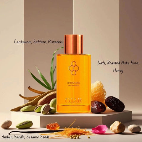 Ojar Halwa Kiss Eau De Parfum 100ml bottle, elegant glass container with floral and warm fragrance notes.