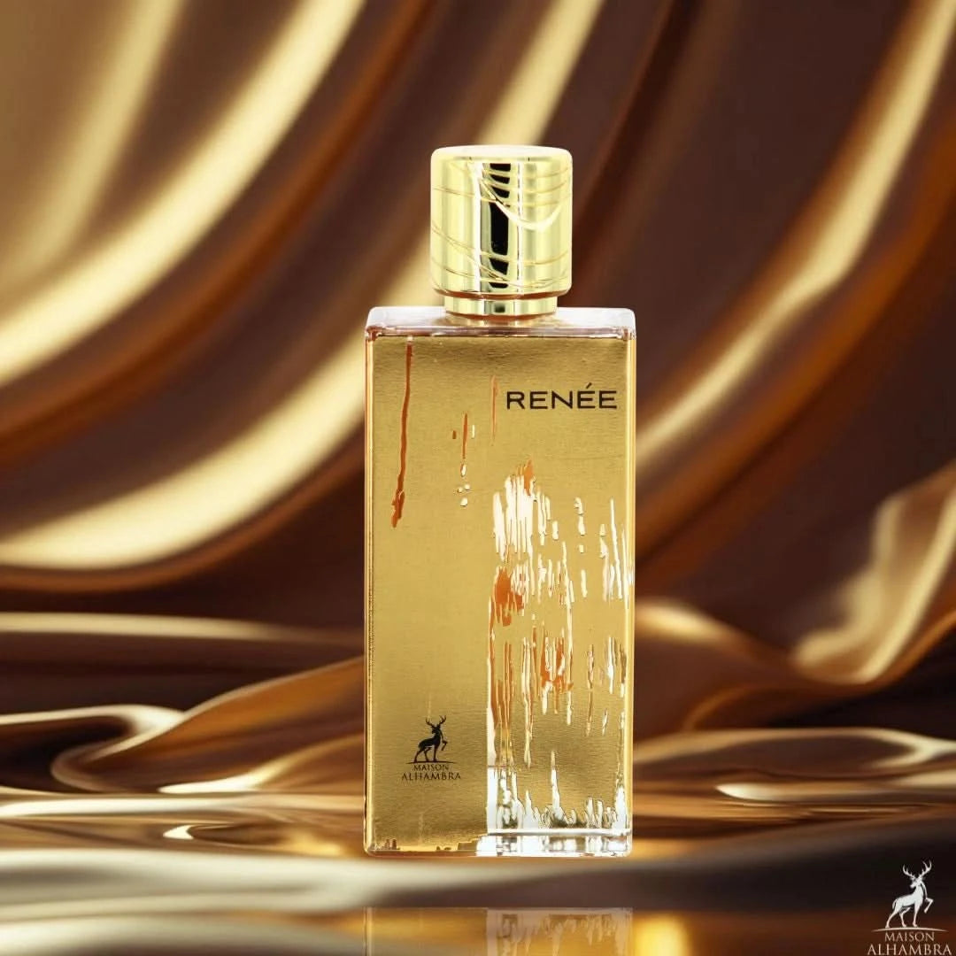 Maison Alhambra Renee Carmine Eau de Parfum spray 100ml with velvet pouch, featuring elegant bottle design and floral fragrance.