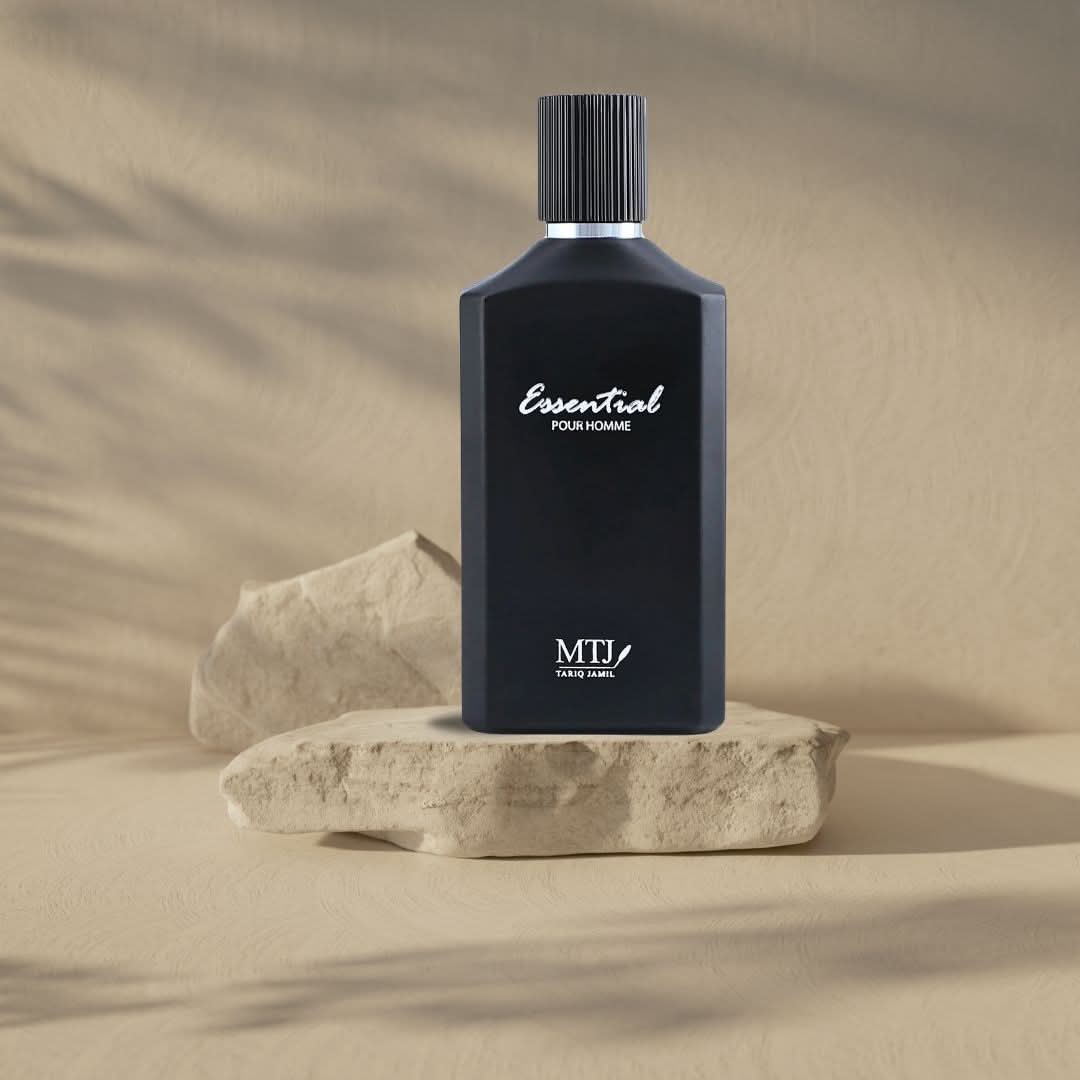 MTJ Essential Pour Homme EDP spray bottle, 100ML, with a sleek design, representing a long-lasting, spicy, citrusy, leathery masculine scent.