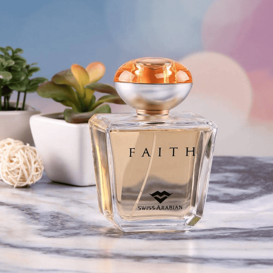 Swiss Arabian Faith for Women EDP 100ml bottle, elegant perfume packaging with floral and oriental design elements.