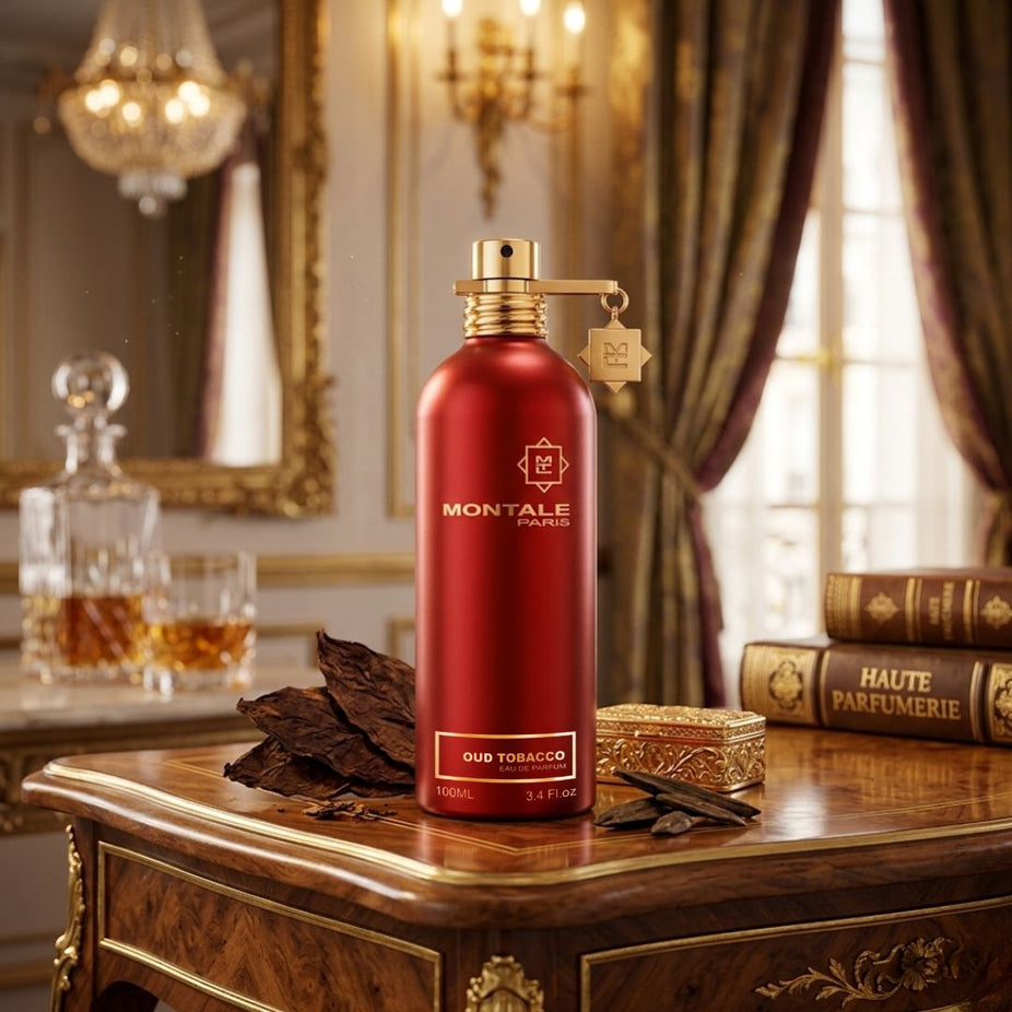 Montale Oud Tobacco Eau de Parfum spray bottle, 100ml, featuring a sleek black design with gold accents, showcasing luxury fragrance packaging.