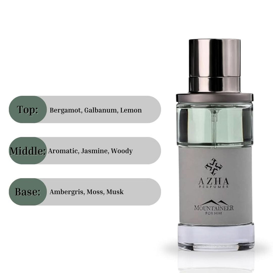 Azha Mountaineer For Him EDP spray 100ML, a captivating men's fragrance with a sleek bottle design.